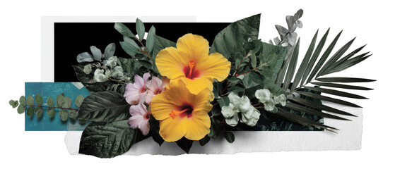 Tropical collage with yellow hibiscus and mixed foliage evoking warm botanical charm