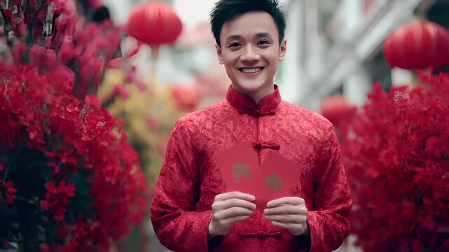 Chinese lunar new year holiday celebration. Spring festival tradition. Chunjie. Asia. A young man in a red cheongsam holding a red envelope with green Chinese characters.