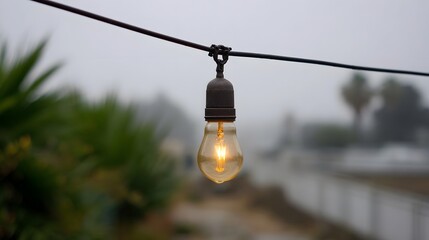 Naklejka premium A solitary vintage light bulb illuminates a foggy outdoor scene suspended from a wire