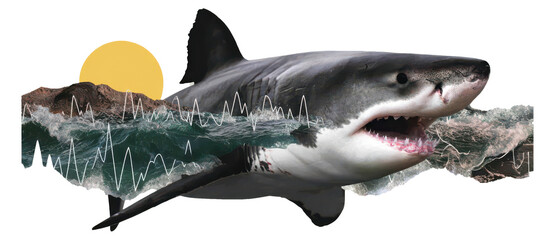 Great white shark collage with ocean waves and sun, dramatic underwater scene