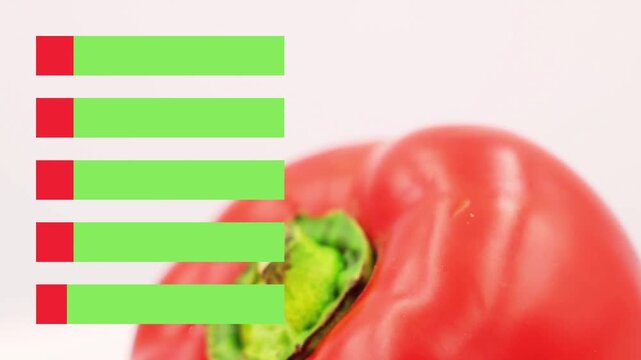 Close-up of red bell pepper with animated data bars. Ideal for culinary themes, health benefits, or food industry presentations.