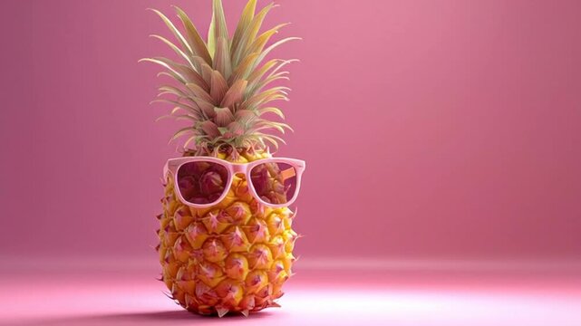 A creative video showcasing a pineapple in a pink mug on a vibrant pink background