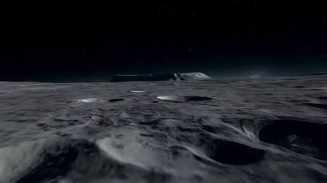 Lunar surface with large impact craters under low angle sunlight and deep space sky