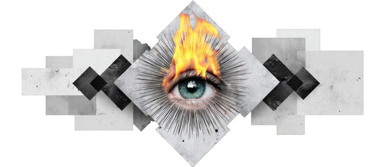 Burning surreal eye collage with geometric concrete panels and radiant flare
