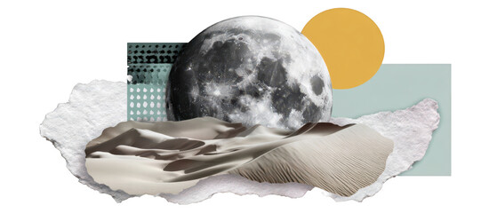 Collage art rolling sand dune night with moon and starry sky emotional calm