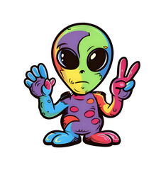 Obraz premium Rainbow-Colored Cartoon Alien Waving Peace Sign