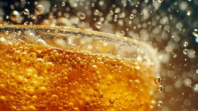 A video showcasing a refreshing glass of soda with bubbles rising to the surface in a close-up shot.