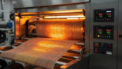 Electric thermal stabilization oven processing tire fabric with precise temperature control highlighting digital panels and uniform heat flow for dimensional stability.