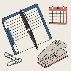 Office Supplies: Notebook, Pen, Folder, Paperclip