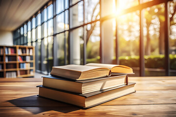 Minimal Reading Scene with Books by Large Window.