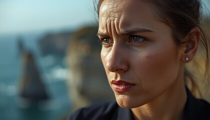 A worried woman with a frown on her face standing in front of a scenic ocean view