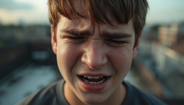 A young boy with a scrunched face and an open mouth looks angry or frustrated outdoors