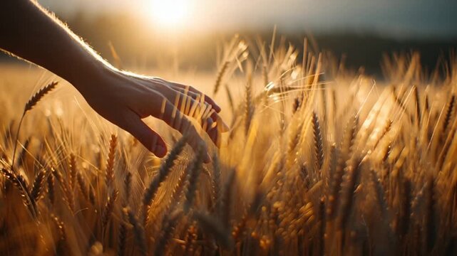 A person's hand gently touches the golden wheat in a serene field during a beautiful sunset in a peaceful video.