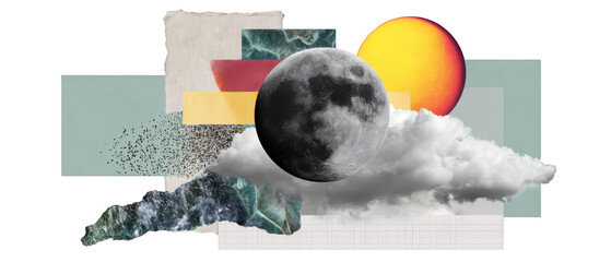 Collage moon sun cloud eclipse abstract mixed media wonder