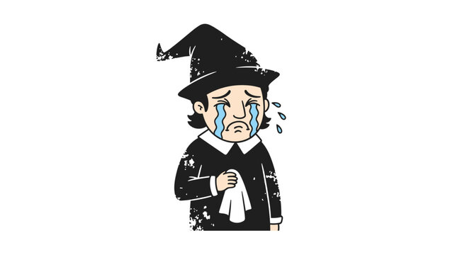 Vintage cartoon illustration of a sad man in a pilgrim or witch hunter hat crying, wiping away tears with a handkerchief.