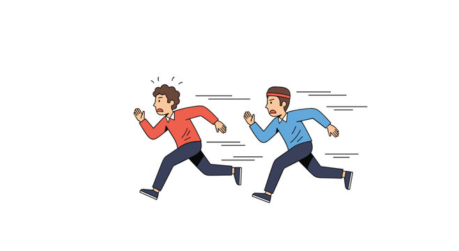 Two men running fast in a race or chasing each other, with one looking scared and the other determined, with speed lines.