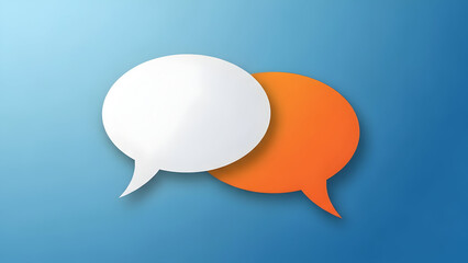 Two overlapping speech bubbles in white and orange on a blue background for communication