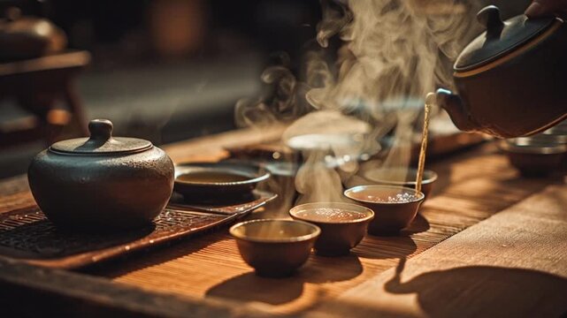 A serene video showcasing a traditional tea ceremony with steaming cups and a teapot