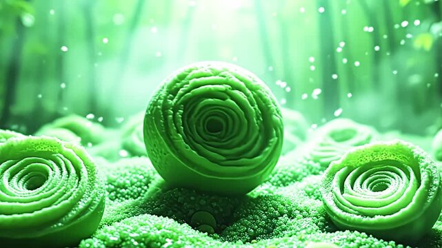 Bright globes explode resin bubble texture, weaving bold spirals against a green background, with soft mist rising in a surreal, otherworldly setting at midday.