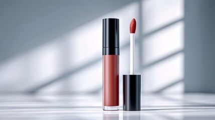 A red lipstick is shown with a black cap