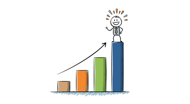 Successful stick figure businessman celebrates on top of the highest column of a colorful, rising bar graph showing growth.