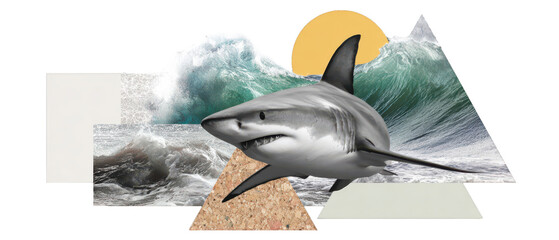 Shark swimming through collage of ocean waves, geometric shapes and textured layers