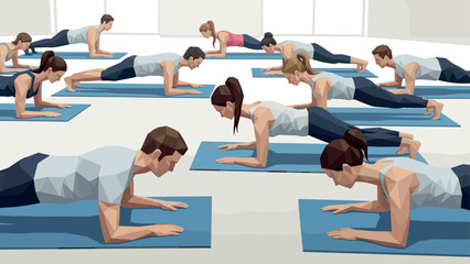 Group yoga class in geometric style, practicing planks on blue mats in fitness studio