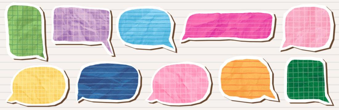 Colorful vector speech bubbles halftone crumpled paper collage, empty text box graphics with lines and grid for posters, banners