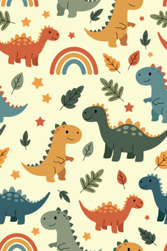 Playful Dinosaur Seamless Pattern With Rainbows, Leaves, and Stars for Kids Room Decor