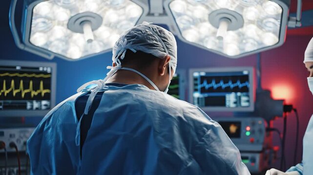 Surgeon in operating room with monitors