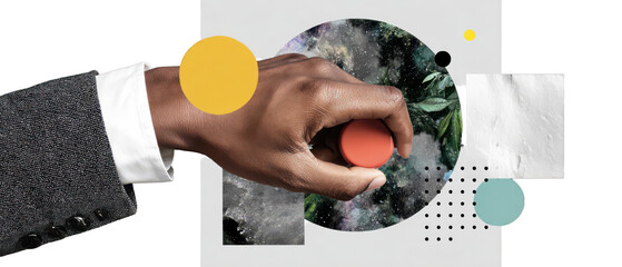 Hand holding red button over collage art with abstract shapes and galaxy texture
