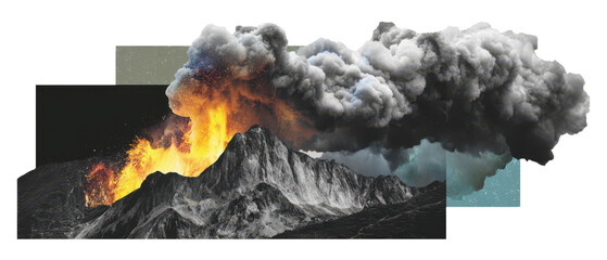 Collage volcano eruption with lava, smoke and dramatic cloudscape