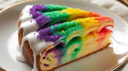 Delicious Rainbow Layered Cake Slice with White Frosting and Sparkly Sprinkles.