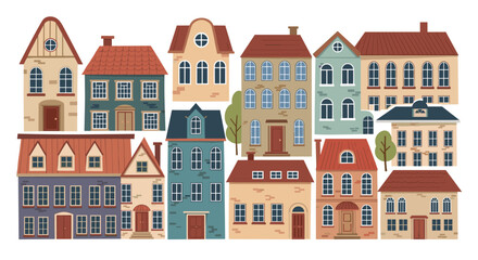 Fototapeta premium Collection of colorful and diverse old European-style townhouses and buildings, creating a charming and classic city street scene.