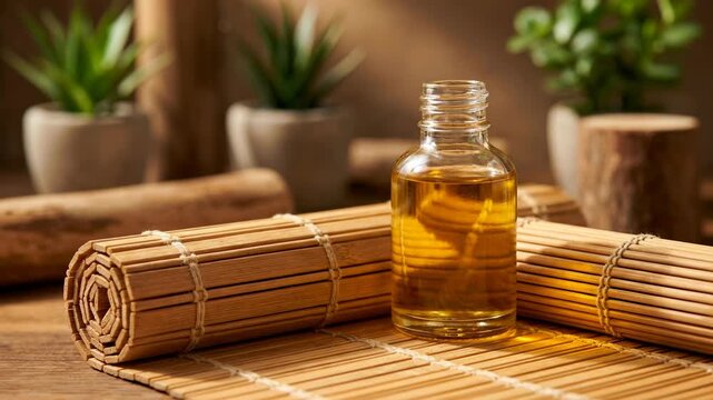 A bottle of golden essential oil on a bamboo mat. Spa setting for aromatherapy and massage. Natural wellness and self-care concept