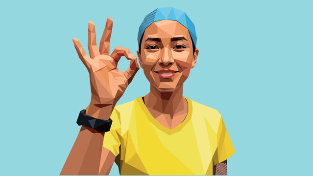 Low poly portrait of smiling person giving ok gesture in geometric art style