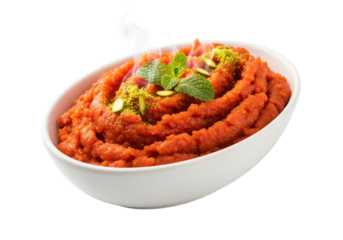 red tomato chutney with mint garnish in white ceramic bowl steaming close-up