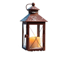 A vintage-style lantern with a lit candle inside, great for use in historical or nostalgic settings