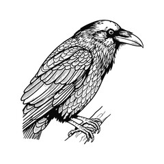 Fototapeta premium Hand-drawn engraved style raven, detailed ink linework, vintage etching look, mono color black, vector illustration, isolated on white