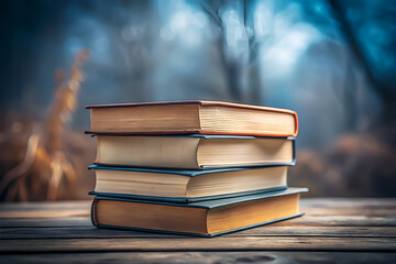 Education Concept with Hardcover Books in Low Light.