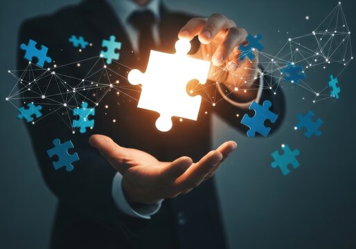 Executive presenting a glowing puzzle piece integrated with a digital network, representing strategic business solutions and finding the missing piece.