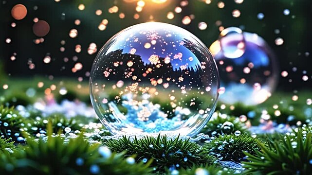 Neon bubbles explode resin bubble texture, weaving vibrant patterns on a green background, with soft dewdrops glistening in a serene, artistic atmosphere at dawn.