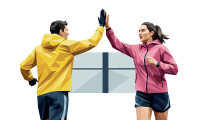 Polygonal style high five between active friends in sportswear