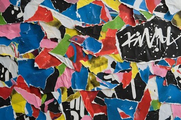 A vibrant graffiti painting on the wall features a colorful mosaic pattern with a seamless tile texture and artistic paint design for a decorative wallpaper illustration