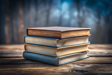 Neatly Stacked Books with Soft Dark Blue Background.