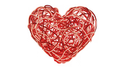 Intertwined red and white strands forming a symbolic heart shape on a dark background isolated on transparent background