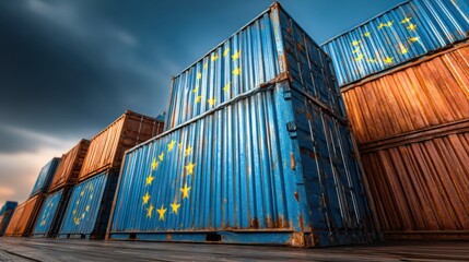 Shipping containers stacked at a dock with European Union flags during dusk in a busy port area