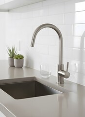 Contemporary kitchen sink and stainless steel faucet against white subway tile backsplash with grey countertop