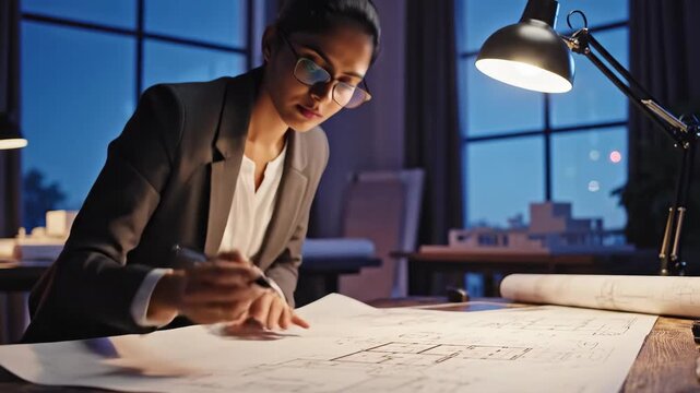 Professional woman concentrating while drafting blueprints at a dimly lit desk