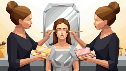 Geometric makeup session with multiple artists in modern beauty studio